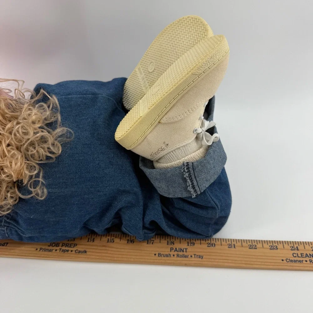Vintage Time Out Doll Faceless Soft Sculpture Blonde Curly Hair Pink Denim